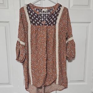 Umgee Rust Floral Boho Lace-Trim Blouse